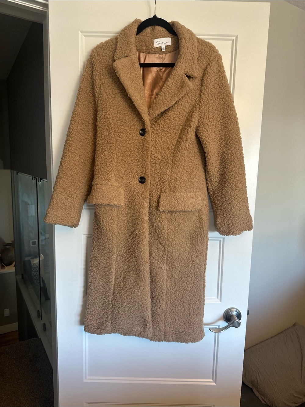 Sweet Lemon Camel Teddy Longline Coat with Lapel Collar